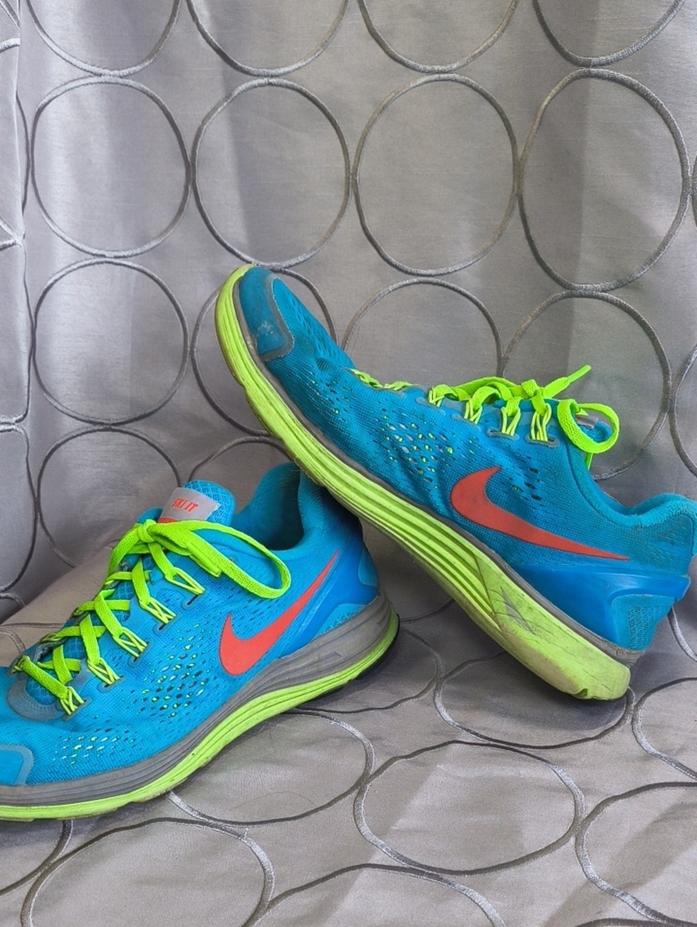 Nike Women's Athletic Shoes - Blue with Neon Green Laces and Coral Swoosh AD